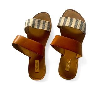 💕 Qupid boho brown blue striped double band sandals size 6.5 boho beach flat